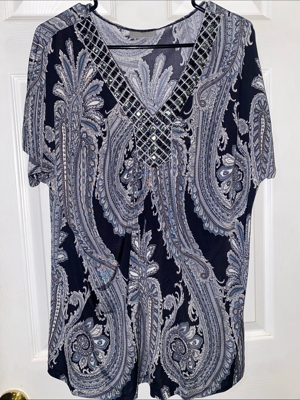 Avenue Black and Gray Paisley V-Neck Tunic with Beaded Trim